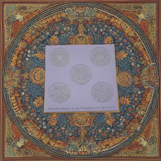 A debossed & embossed texture mat with five mandala designs. Use to make an impression on metal clay and polymer clay.