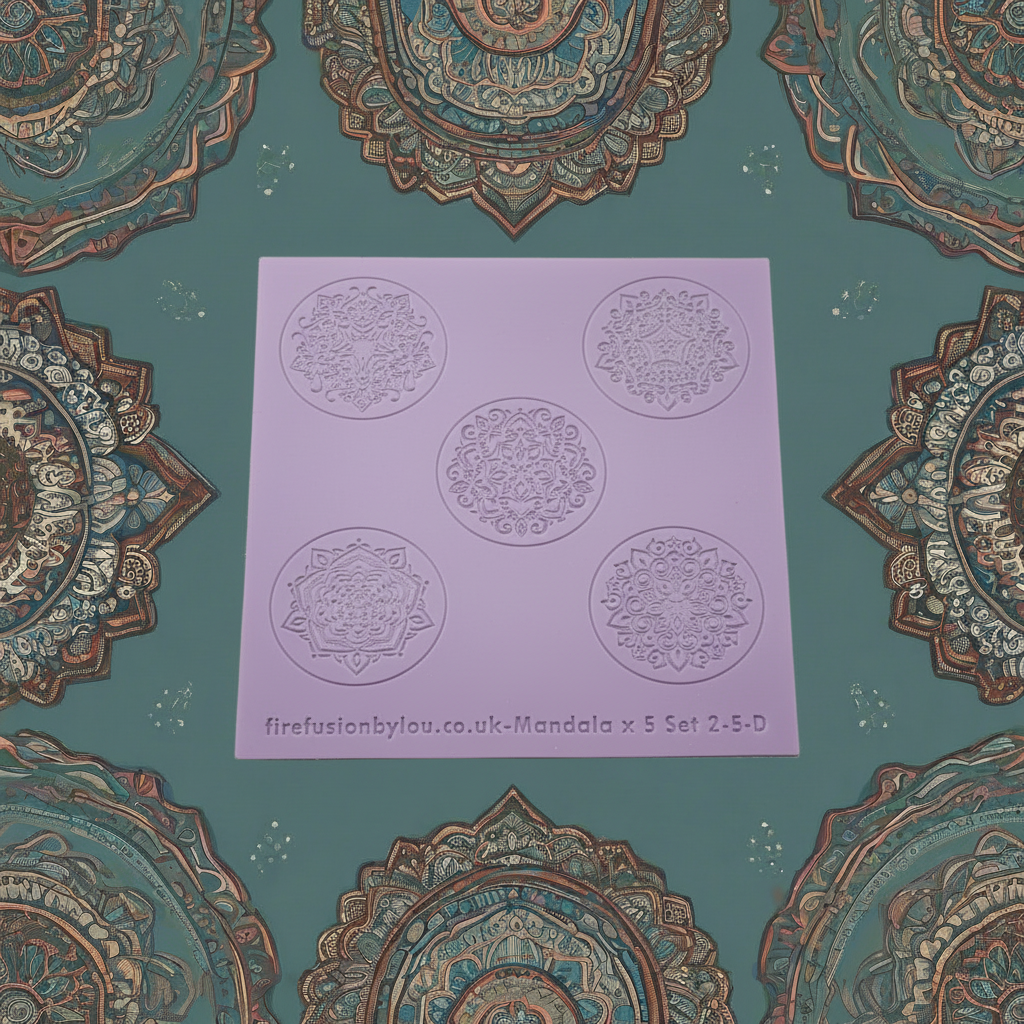 An embossed & debossed texture mat with five mandala designs. Use to make an impression on metal clay and polymer clay.