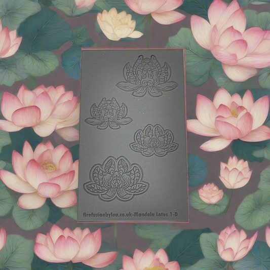 A debossed texture mat with mandala lotus flower petals. Use to make an impression on metal clay and polymer clay.