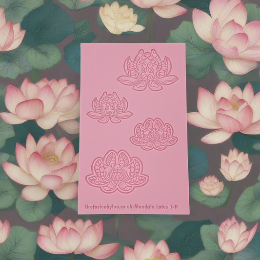A debossed texture mat with mandala lotus flower petals. Use to make an impression on metal clay and polymer clay.