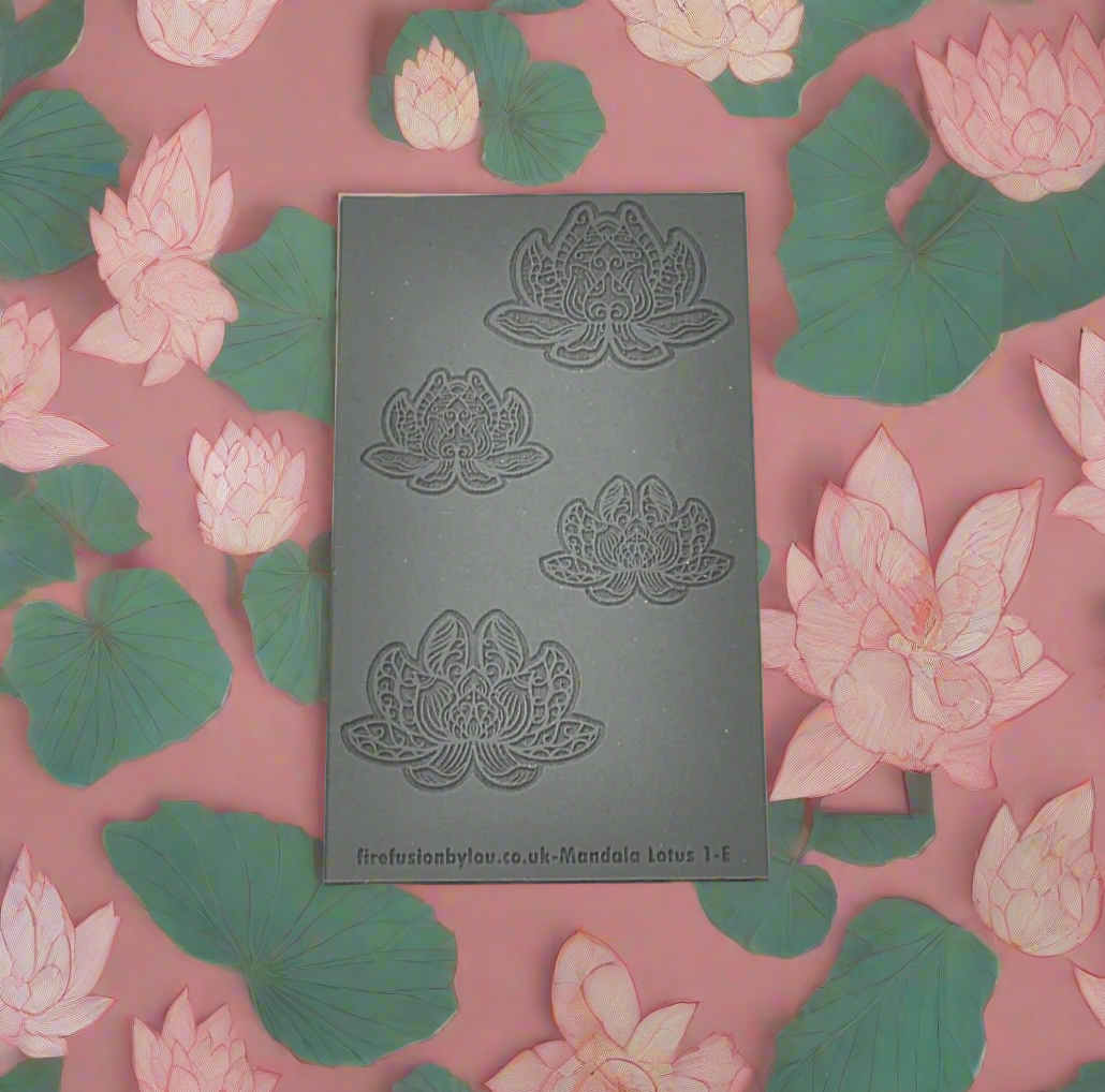 An embossed texture mat with mandala lotus flower petals. Use to make an impression on metal clay and polymer clay.