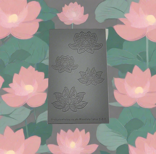 A debossed texture mat with mandala lotus flower petals. Use to make an impression on metal clay and polymer clay.