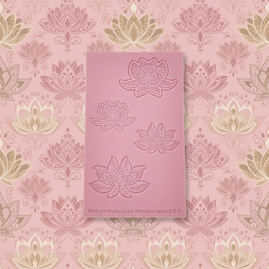 A debossed texture mat with mandala lotus flower petals. Use to make an impression on metal clay and polymer clay.