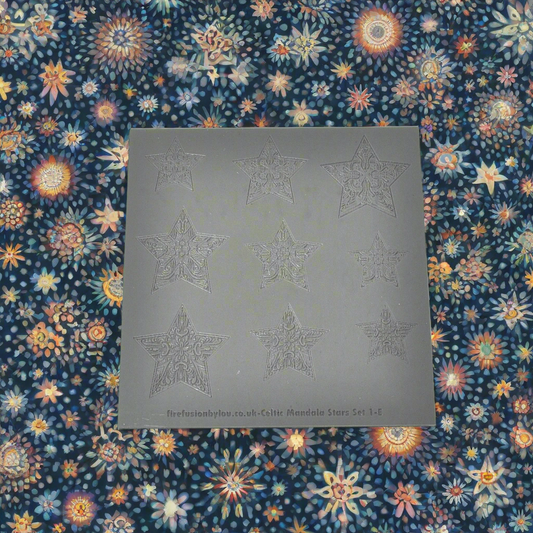 An embossed texture mat with three Celtic star mandala designs in three sizes. Use to make an impression on metal clay and polymer clay.
