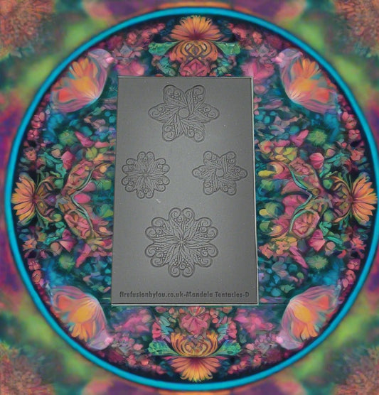 A debossed texture mat with mandala tentacle flowers. Use to make an impression on metal clay and polymer clay.