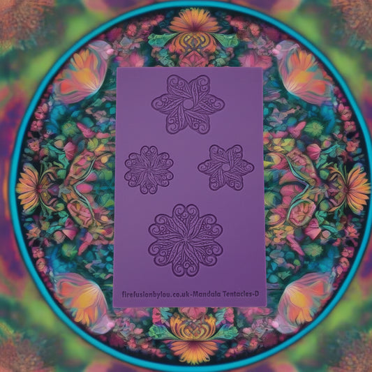 A debossed texture mat with mandala tentacle flowers. Use to make an impression on metal clay and polymer clay.