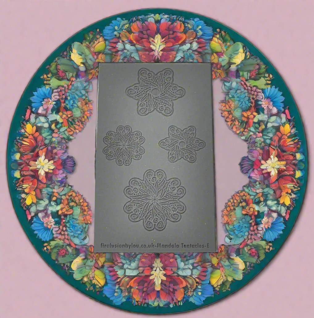 An embossed texture mat with mandala tentacle flowers. Use to make an impression on metal clay and polymer clay.