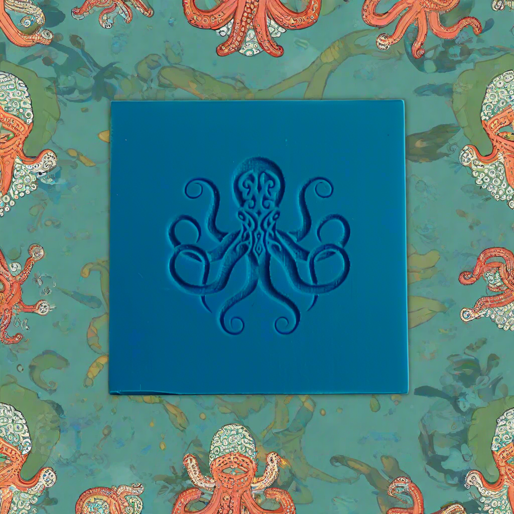 Blue octopus design on a blue background with colourful octopus pattern. Use with metal clay and polymer clay.