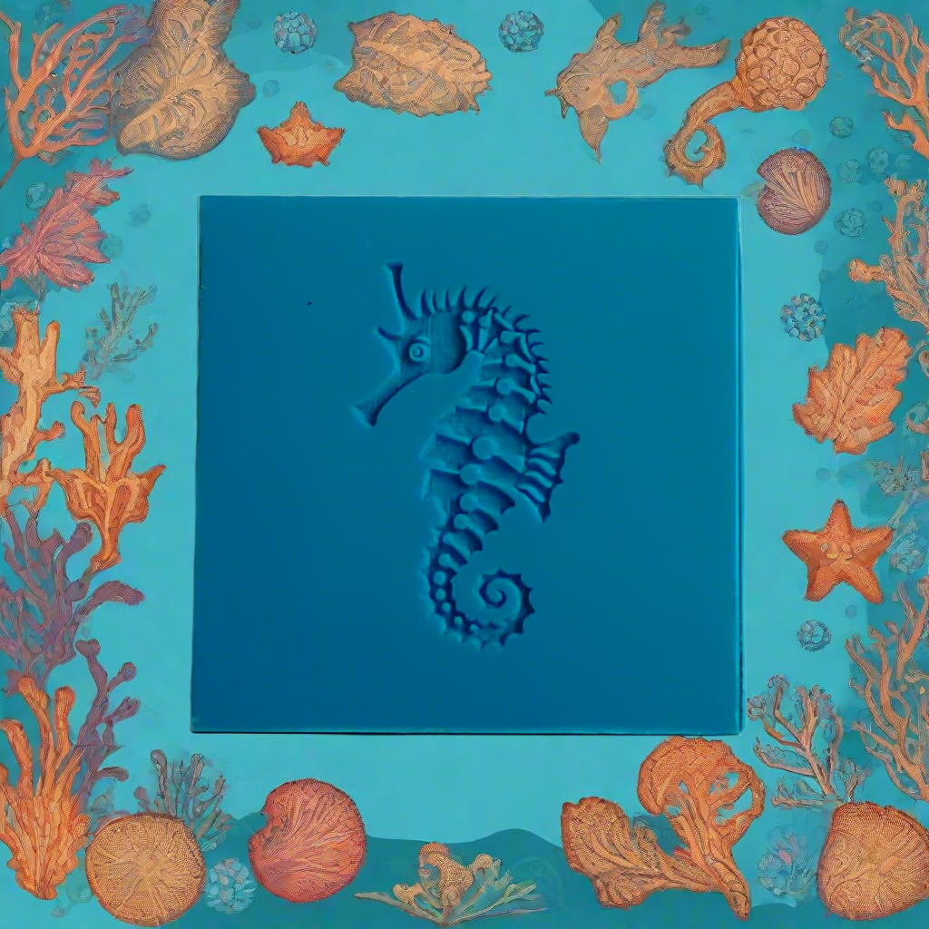 Blue seahorse design on a blue background with colourful seahorse pattern. Use with metal clay and polymer clay.