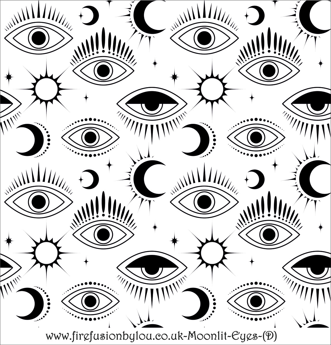 A mystical eye repeat pattern debossed texture mat. This picture shows the texture mat pattern in black and white for use on metal clay or polymer clay.
