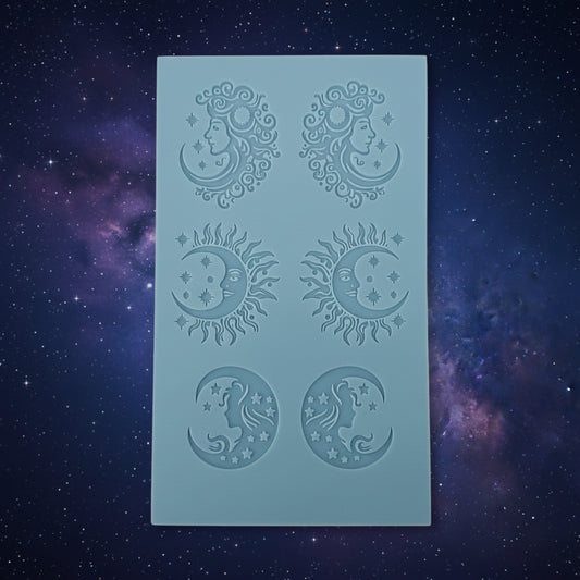 A texture tile featuring six embossed celestial designs, including suns, moons, and stars in various ornate patterns.