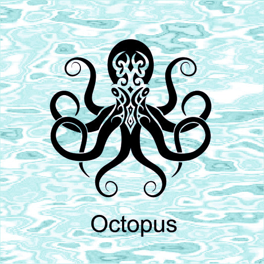 Black octopus design on a teal and white patterned background with 'Octopus' text.
