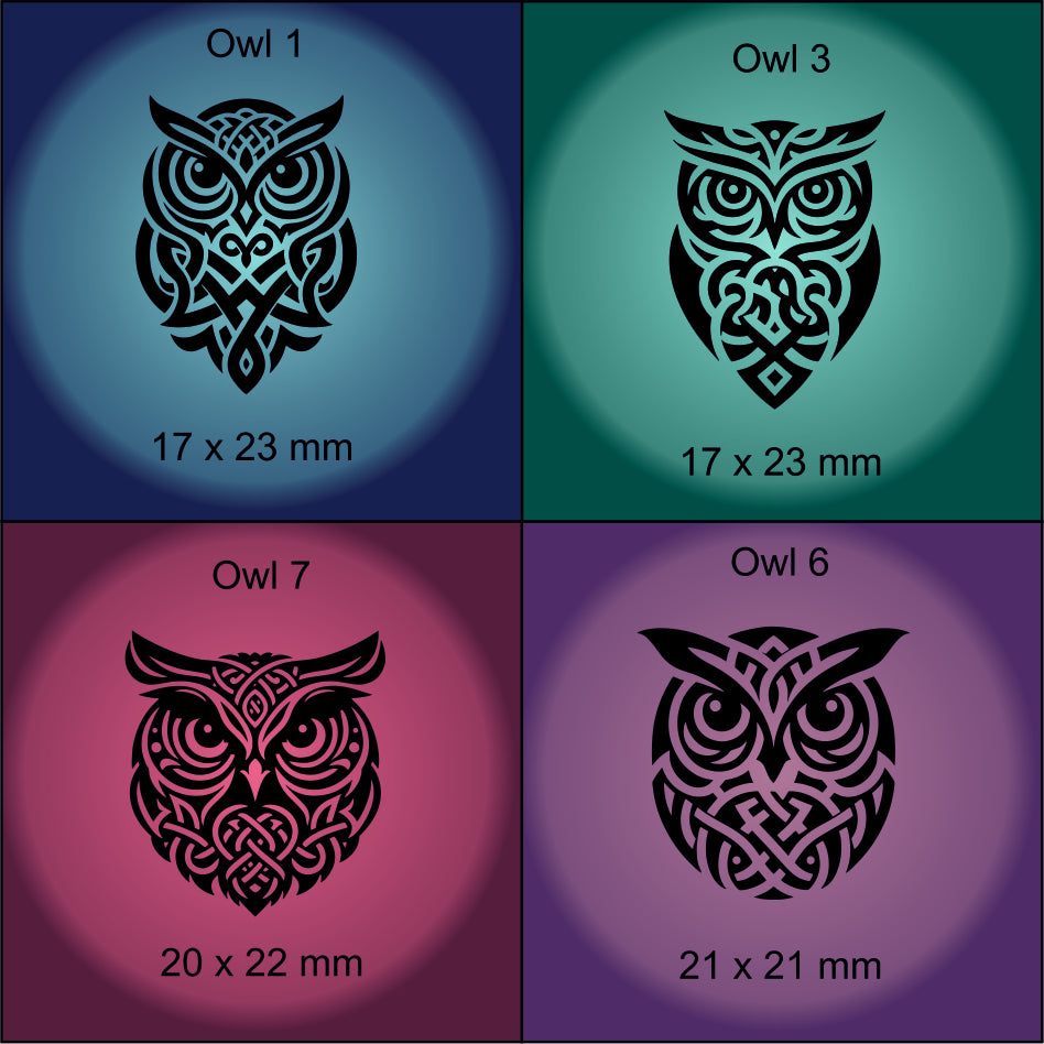 Four owl designs with dimensions on a colorful background