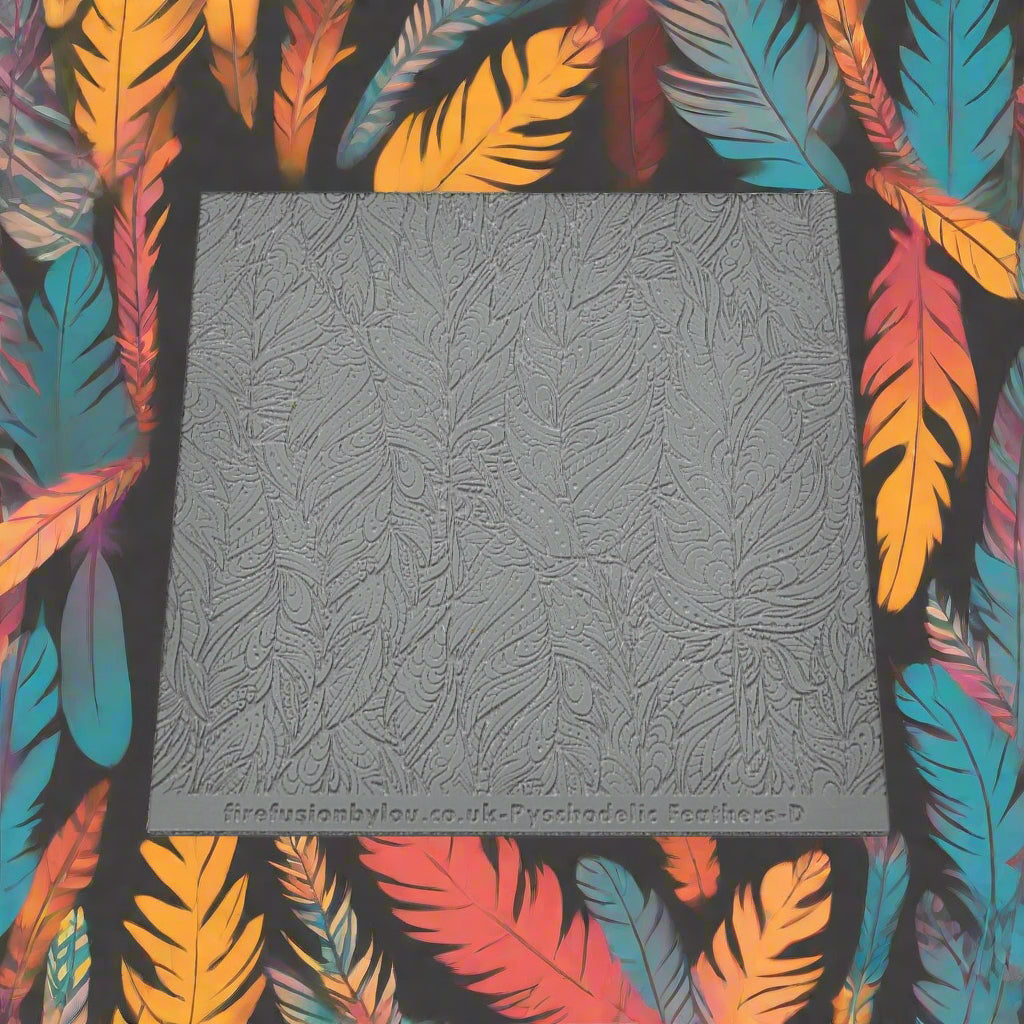 A Psychedelic tribal feather pattern debossed texture mat in grey material. This texture mat will give you an embossed effect on metal clay or polymer clay.