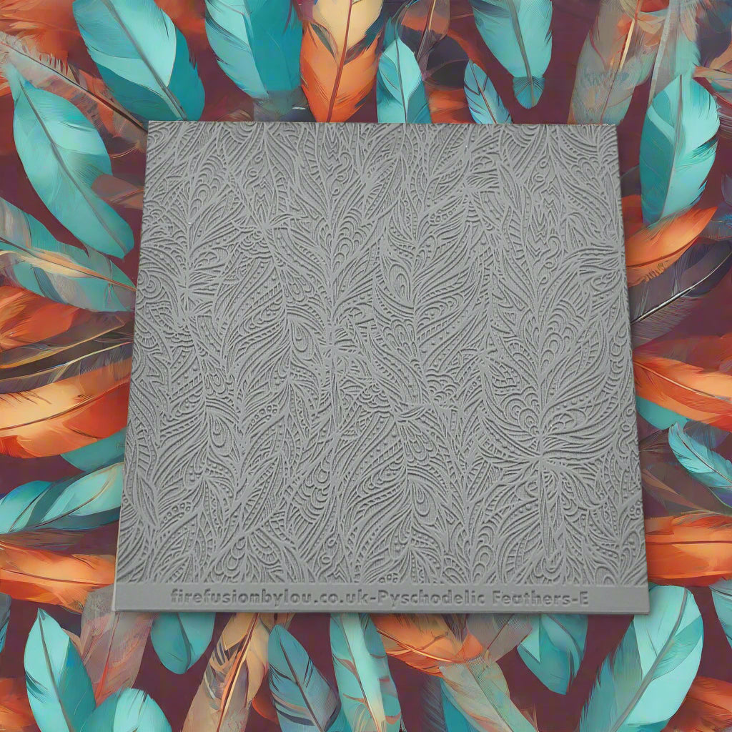 A Psychedelic tribal feather pattern embossed texture mat in grey material. This texture mat will give you an debossed effect on metal clay or polymer clay.