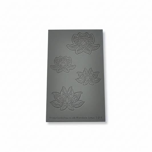 A debossed texture mat with mandala lotus flower petals. Use to make an impression on metal clay and polymer clay.
