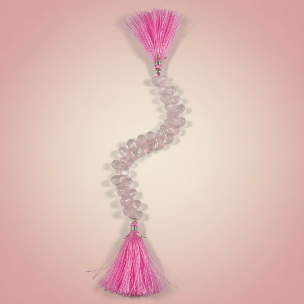 Necklace with pink beads and tassels on a pink graduated background