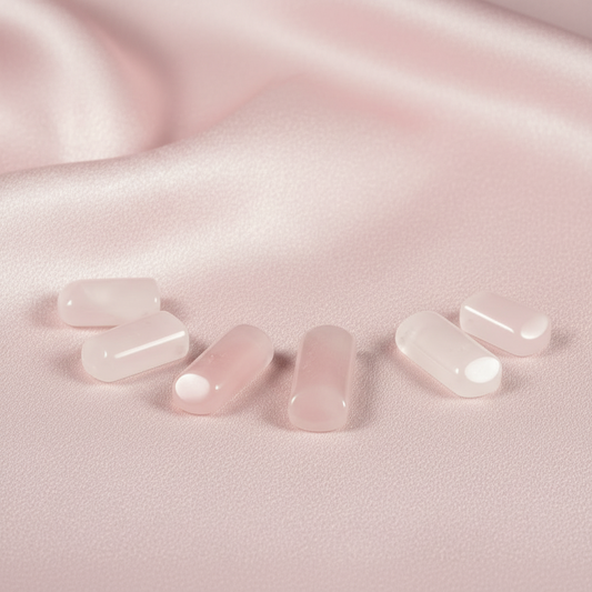 Rose quartz tapered gemstones on a pink satin surface.