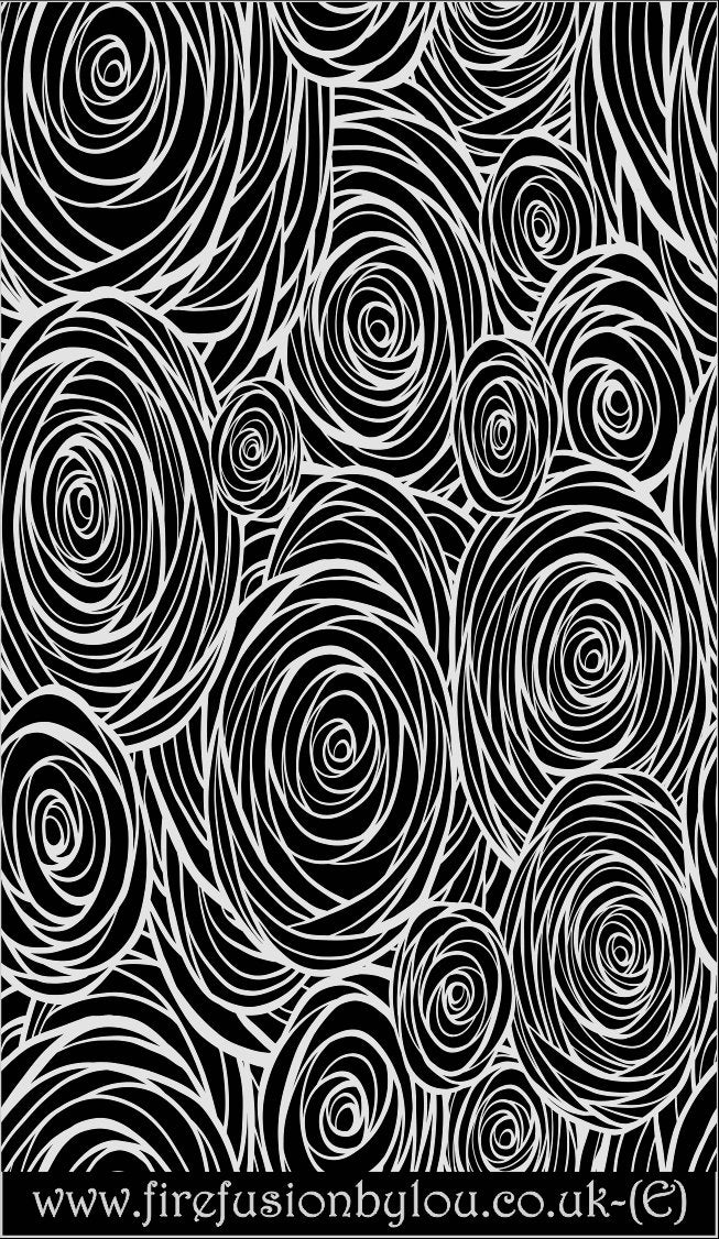 A rose pattern embossed texture mat in grey material. This picture shows the texture mat pattern in black and white for use on metal clay or polymer clay.