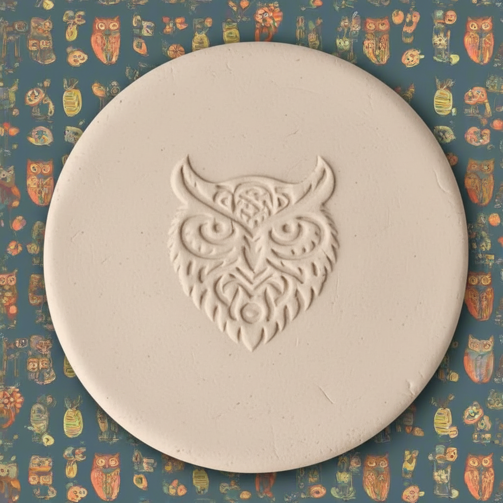 A round clay with an embossed owl design, displayed on a patterned background featuring owls.