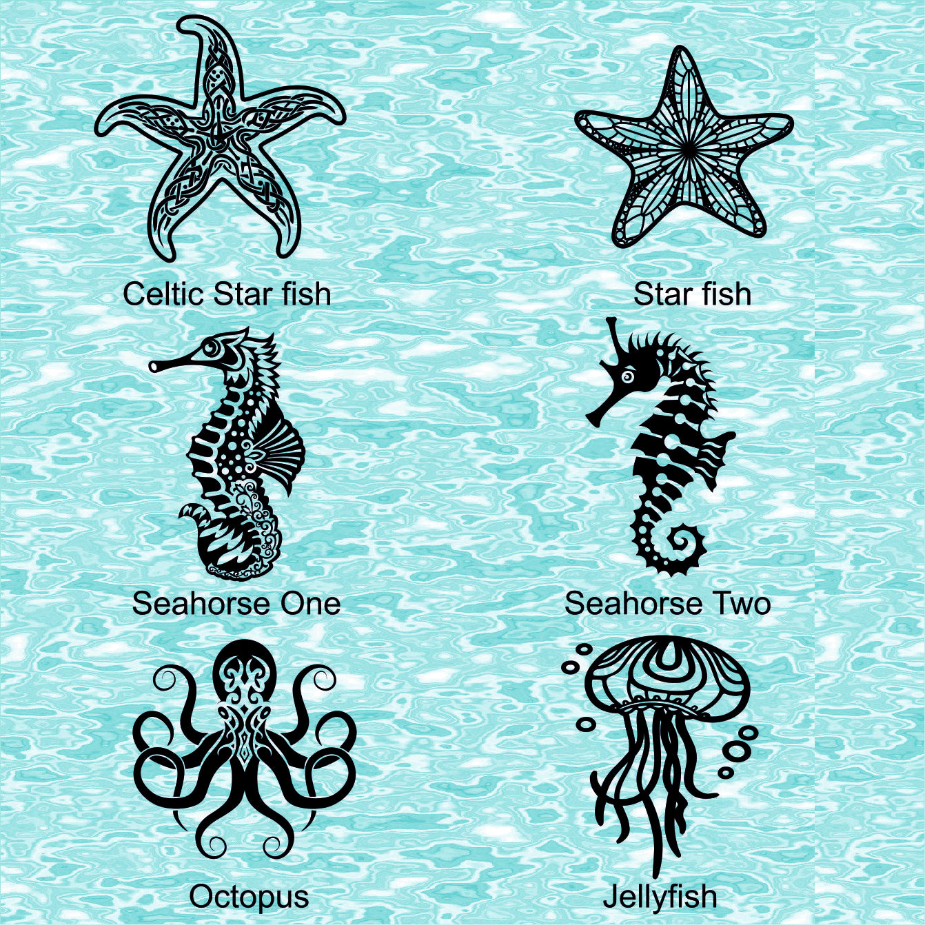 Set of black sea creature illustrations on a teal background. Use these texture mats for metal clay and polymer clay.