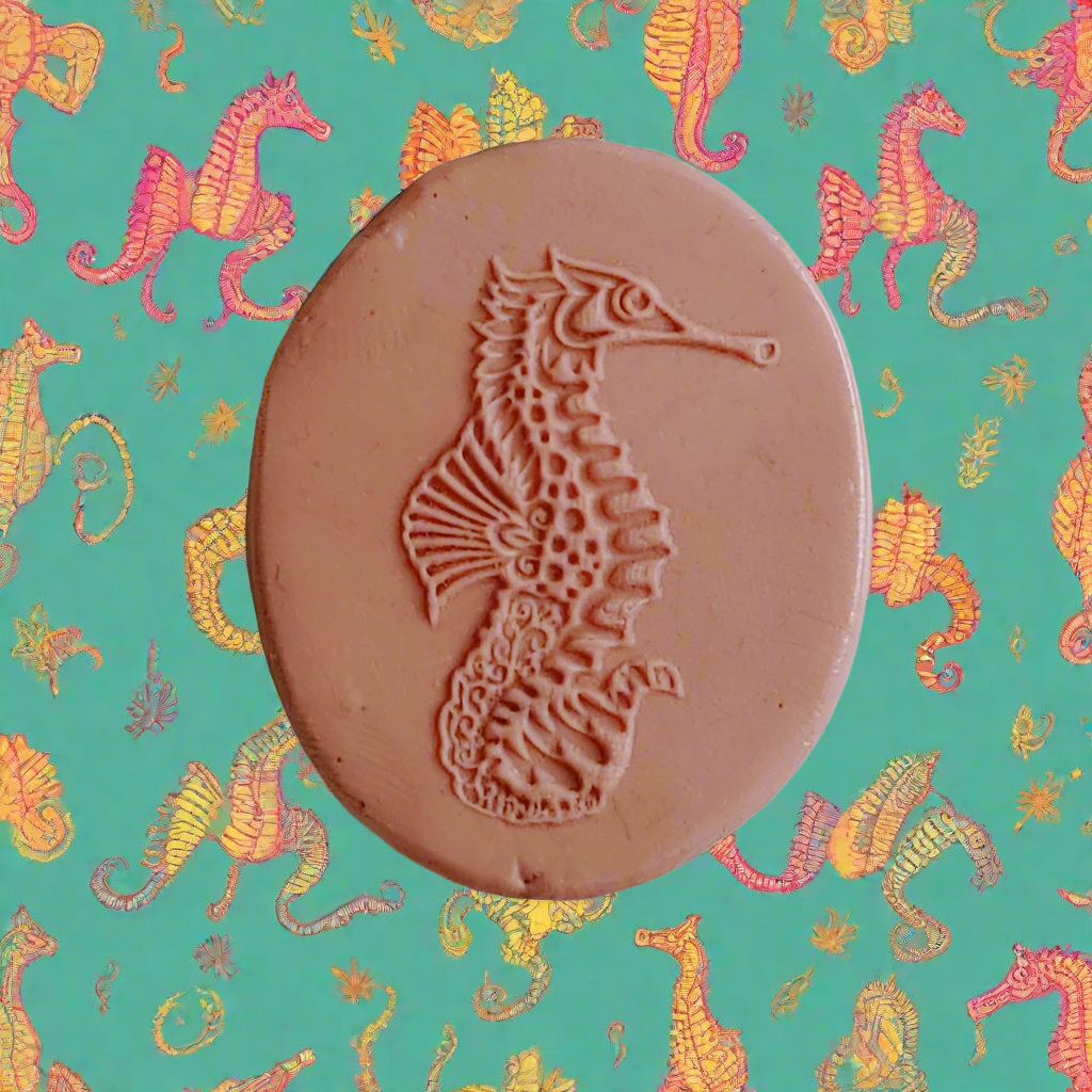Seahorse design on a teal background with seahorse pattern.