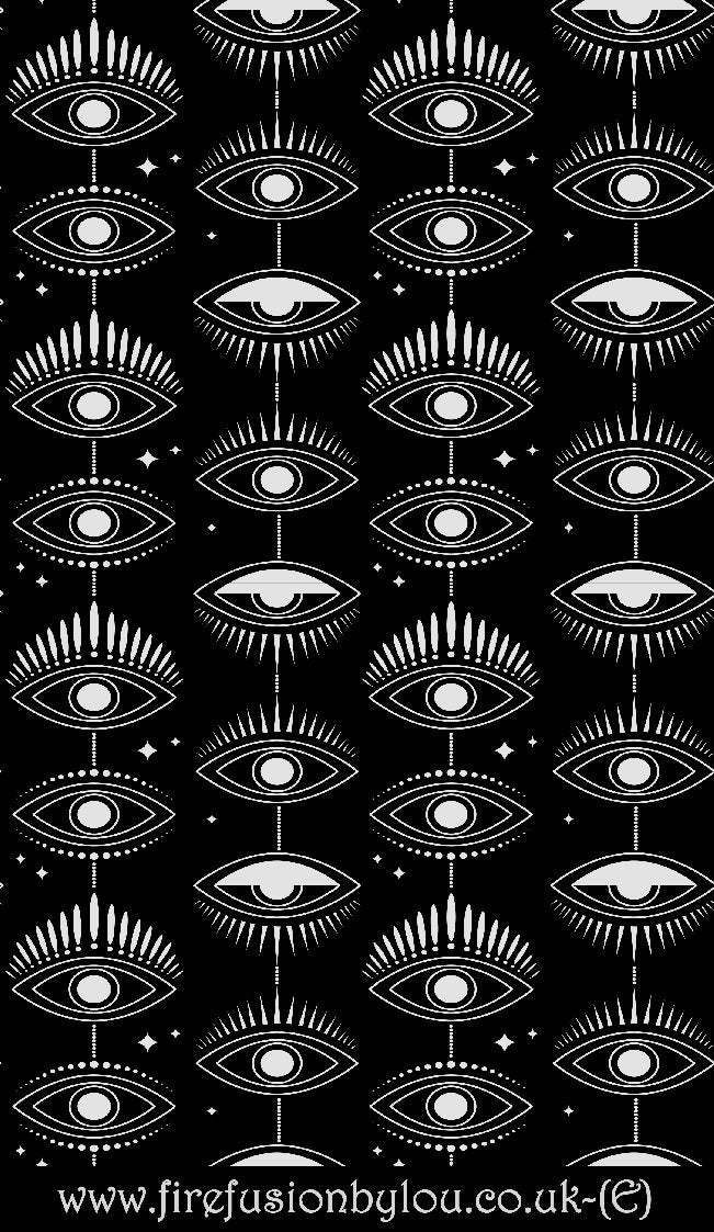 Small symmetrical mystical eye repeat pattern embossed texture mat. This picture shows the texture mat pattern in black and white for use on metal clay or polymer clay.
