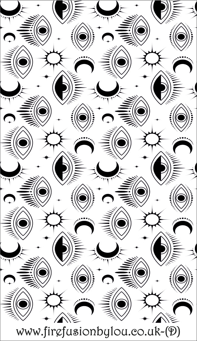 Small mystical eye repeat pattern debossed texture mat. This picture shows the texture mat pattern in black and white for use on metal clay or polymer clay.