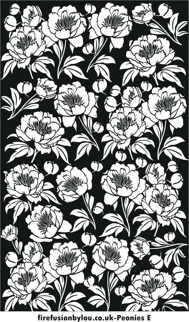 A texture tile embossed repeat pattern of peonies This picture shows the texture tile pattern in black and white used with Art clay silver or other metal clay or polymer clay.