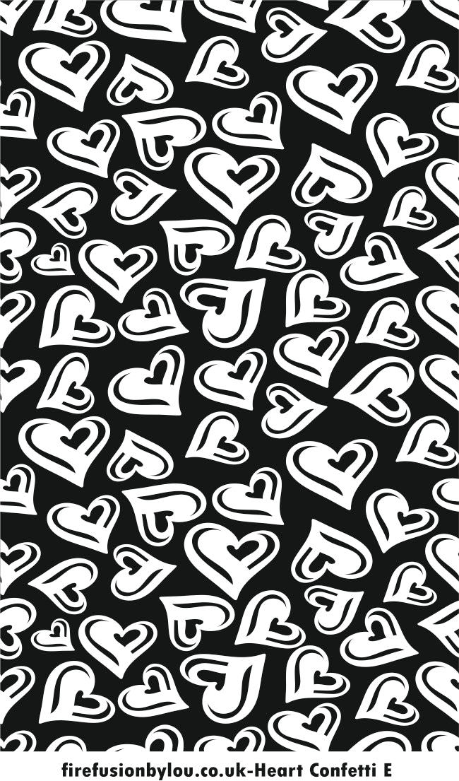 A texture tile embossed repeat pattern of heart confetti. This picture shows the texture tile pattern in black and white used with Art clay silver or other metal clay or polymer clay.