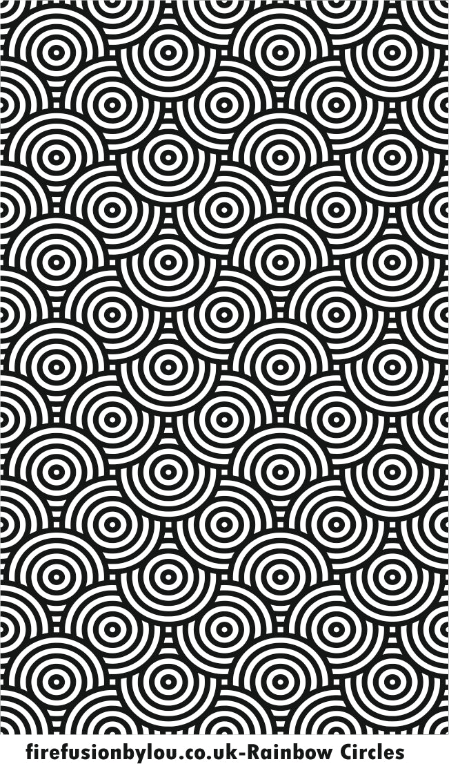 A texture tile embossed rainbow circle geometrics. This picture shows the texture tile pattern in black and white used with Art clay silver or other metal clay or polymer clay.