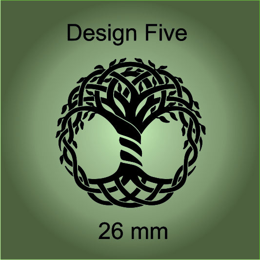 Black tree design on a green background with 'Design Five' and '26 mm' text.