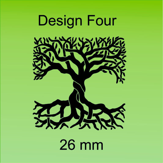 Black tree design on a green background with 'Design Four' and '26 mm' text.
