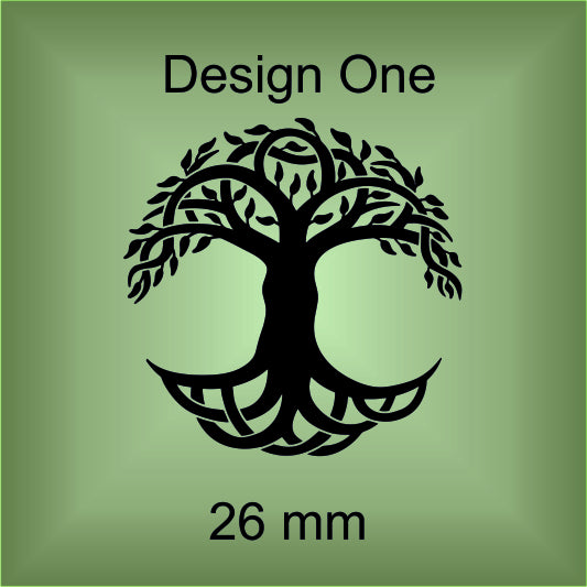 Black tree design on a green background with 'Design One' and '26 mm' text.