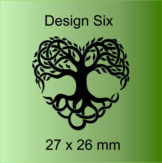 Black tree design on a green background with text 'Design Six' and dimensions '27 x 26 mm'.