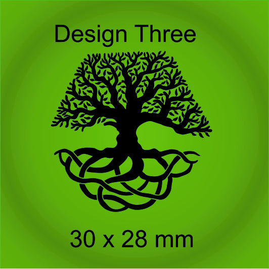 Black tree design on a green background with text 'Design Three' and dimensions '30 x 28 mm'.