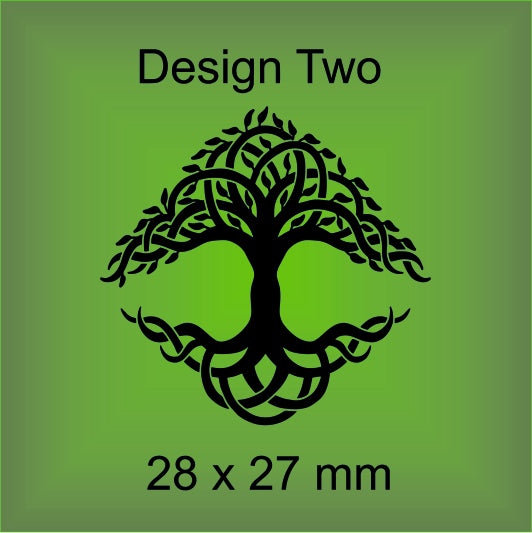 Black tree design on a green background with 'Design Two' and dimensions '28 x 27 mm'.