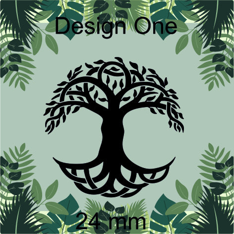Black tree design on a green background with leaf patterns