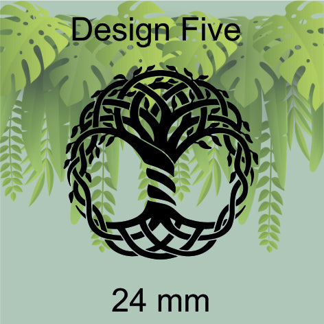 Black tree of life design on a green leafy background with 'Design Five' text.