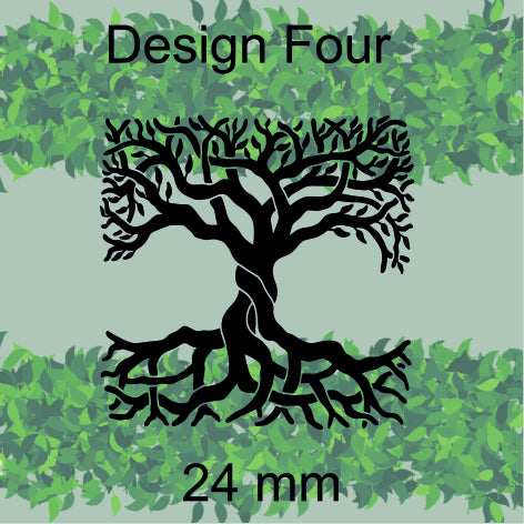 Black tree design on a green leafy background with 'Design Four' and '24 mm' text.