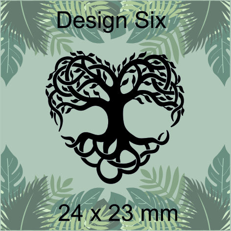 Tree design on a green leafy background with 'Design Six' and dimensions '24 x 23 mm'.