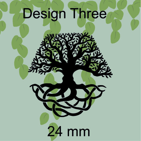 Black tree design with roots on a green background, labeled 'Design Three' and '24 mm'.
