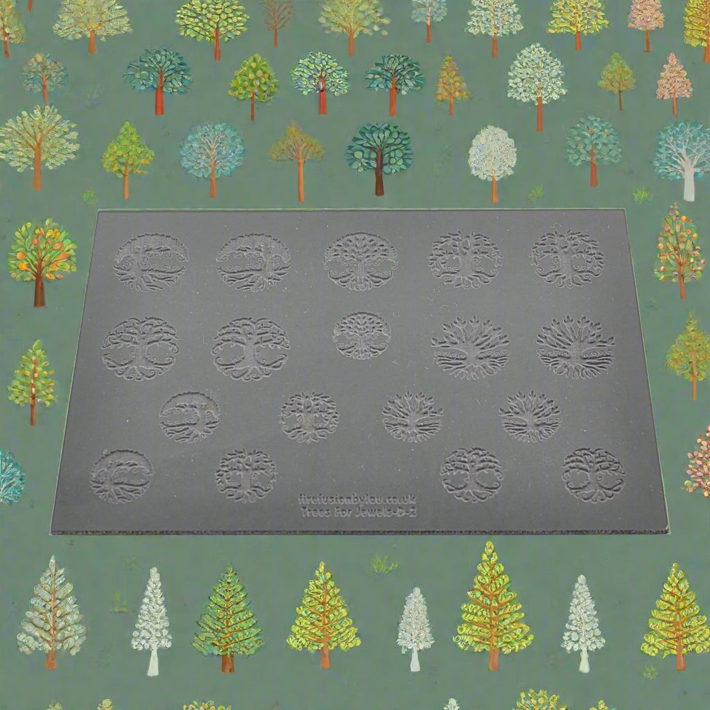 A 145 x 100 mm texture mat with seven tree designs and two sizes. Use to make an impression on metal clay and polymer clay.