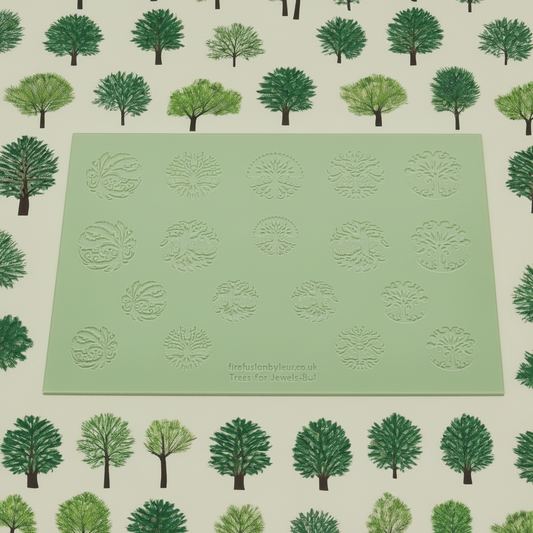 Green debossed texture with tree pattern on a background of green trees.