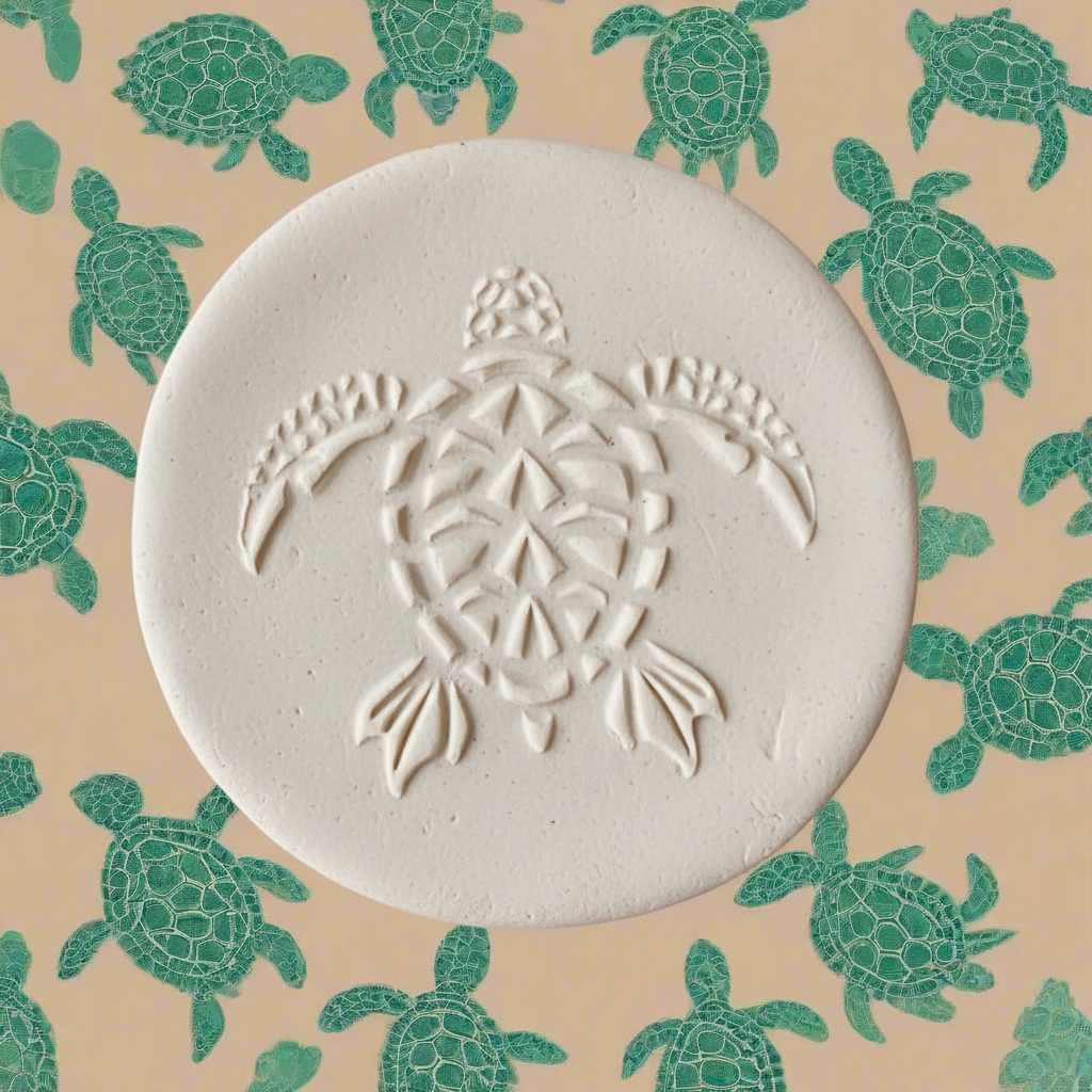 Round clay with turtle design on a background with green turtles