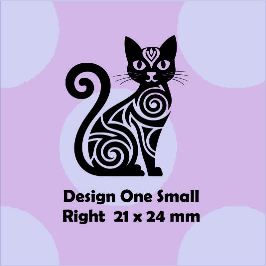Black tribal-style cat design on a purple background with text indicating size and direction.