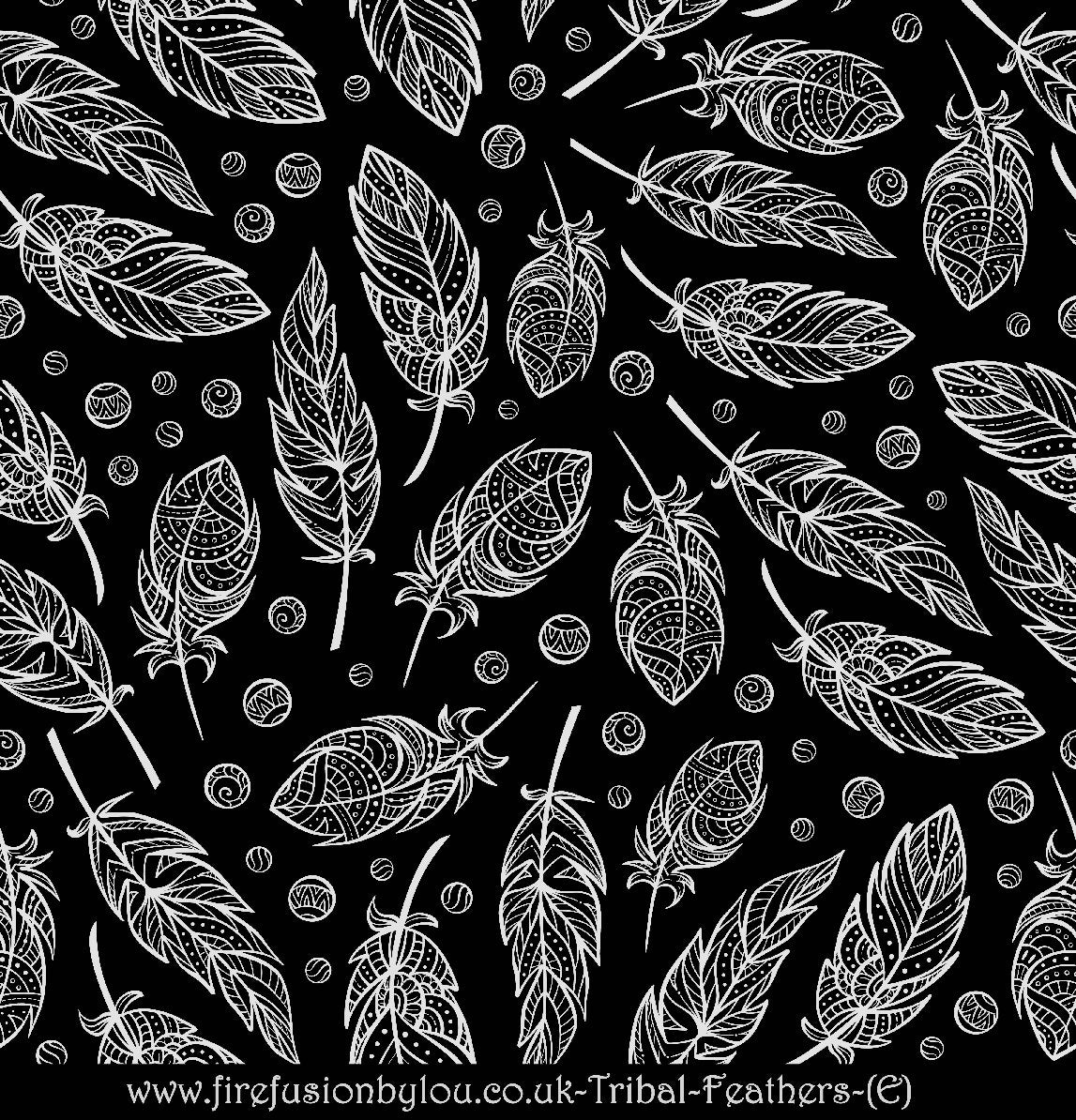 A tribal feather pattern embossed texture mat in grey material. This picture shows the texture mat pattern in black and white for use on metal clay or polymer clay.