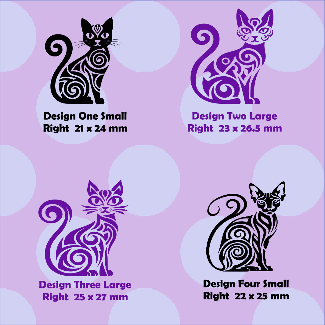 Four cat designs with dimensions on a purple background