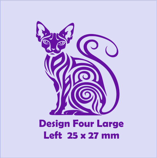 Blue cat design on a light purple background with text indicating size and design number.