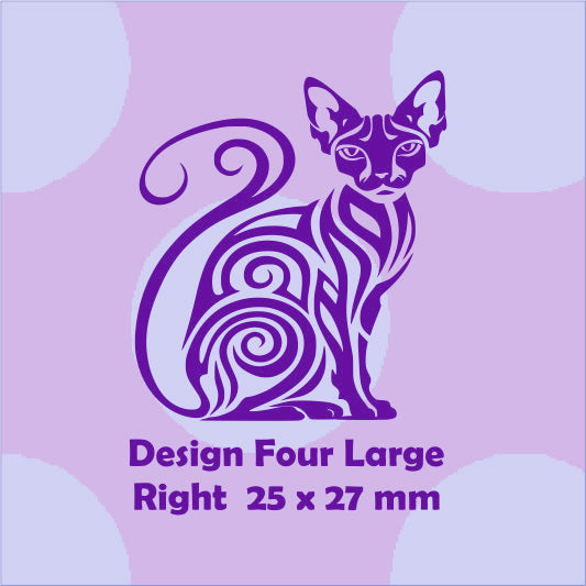 Blue cat design on a purple background with text indicating size and design number.